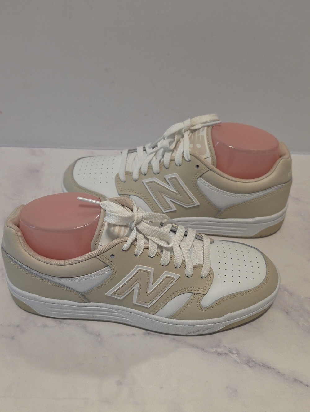 New Balance 480 Beige & White Leather Sneakers